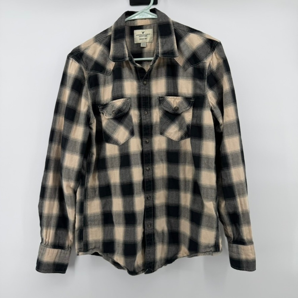 American Eagle Flannel Mens Size M Black Tan Plaid Western Pearl‎ Snap